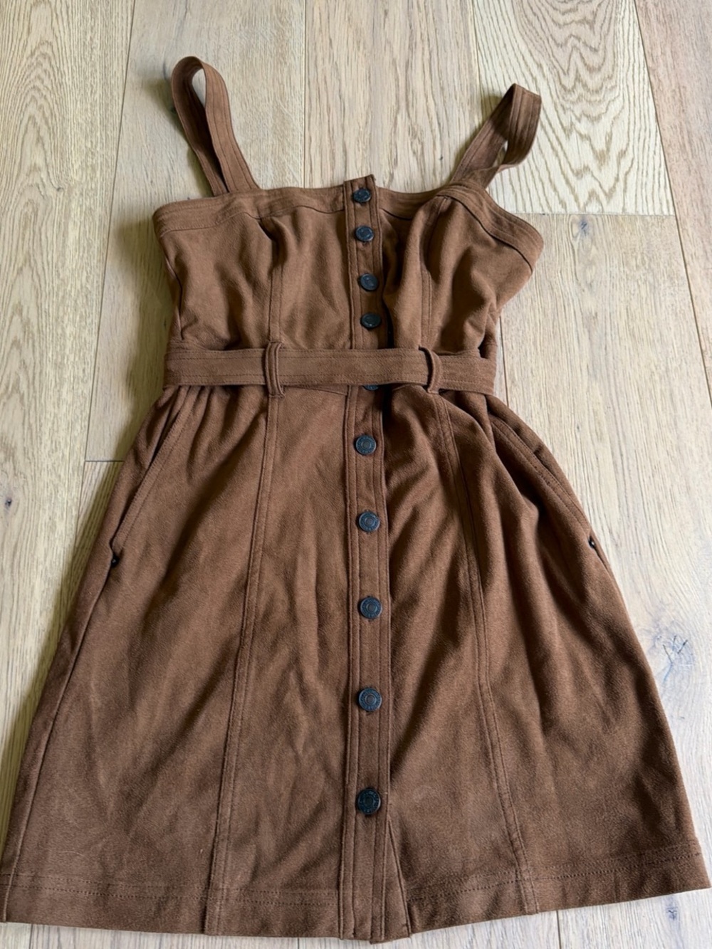 Button-Front Brown Corduroy Belted Dress